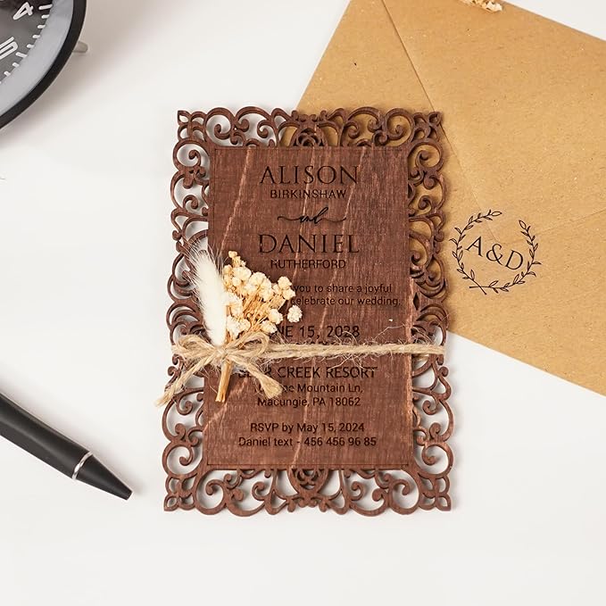 Personalized Wedding Invitations, Laser Cut Wedding Invitation, Flower Wooden - Image 4