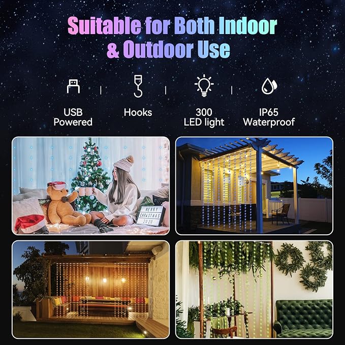 Dazzle Bright Window Curtain Fairy Lights, 300 LED RGB Color Changing Copper - Image 3