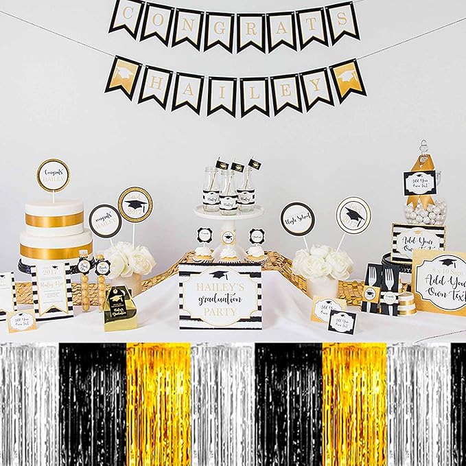 3 Pack 29 x108 Inch Black Gold Silver Foil Fringe Table Skirts Metallic Banner - Image 6