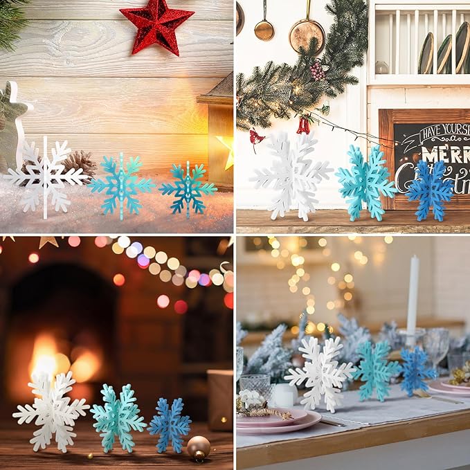 Bucherry 12 Pcs Wooden Snowflake Table Decor 3D Snowflake Tabletop Signs and - Image 7