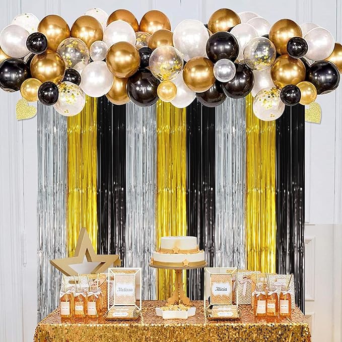 2 Pack Black Gold Silver Foil Fringe Backdrop Curtains, Tinsel Streamers Party - Image 7