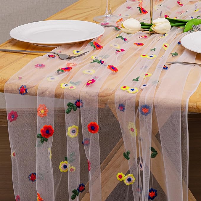 BINBE 3pcs Ivory Daisy Fall Table Runner Embroidery Gauze 10FT Florals Seasonal - Image 3