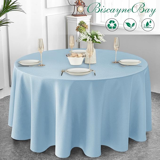Biscaynebay Textured Fabric Round Tablecloths 90", Light Blue Water Resistant - Image 7