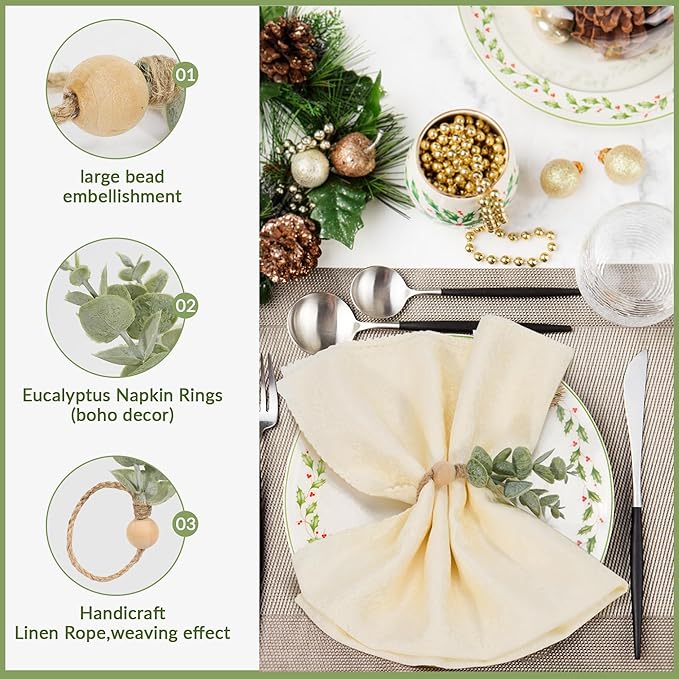 Defined Deco Napkin Rings Set of 12, Rustic Farmhouse, Boho Green Leaf Napkin - Image 3