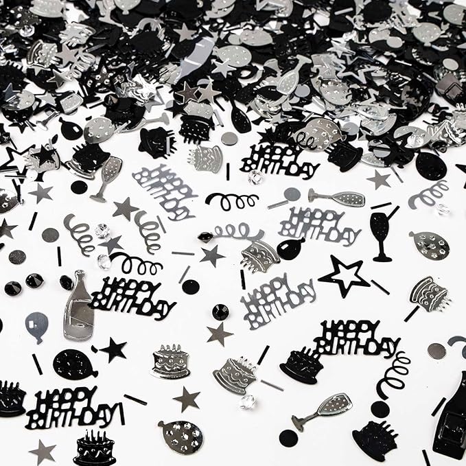 VHUWE Happy Birthday Confetti, 1.6 oz Black Silver Cake Balloon Star Goblet by VHUWE