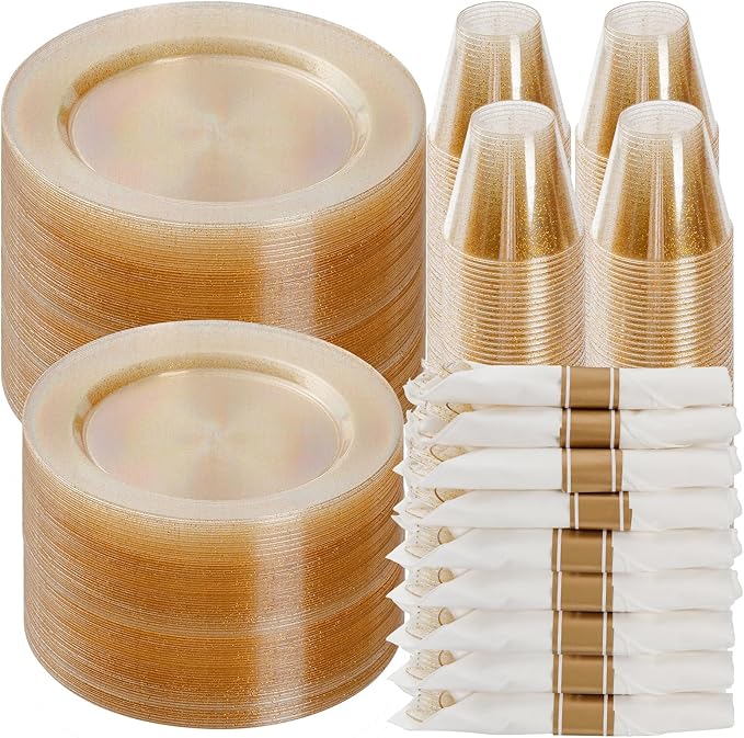 Goodluck 700 Piece Gold Glitter Plastic Dinnerware Set by GoodLuck