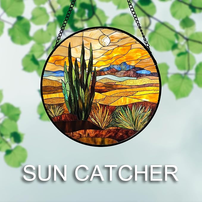 Stained Glass Window Hanging 4 Pcs Set Desert Sunset Theme Landscape 7.8" - Image 5