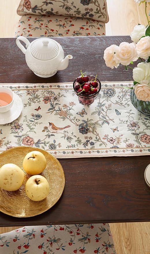 ISAENNE Designer Linen Table Runner 87 Inches Long, Elegant Floral Bird Pattern - Image 9