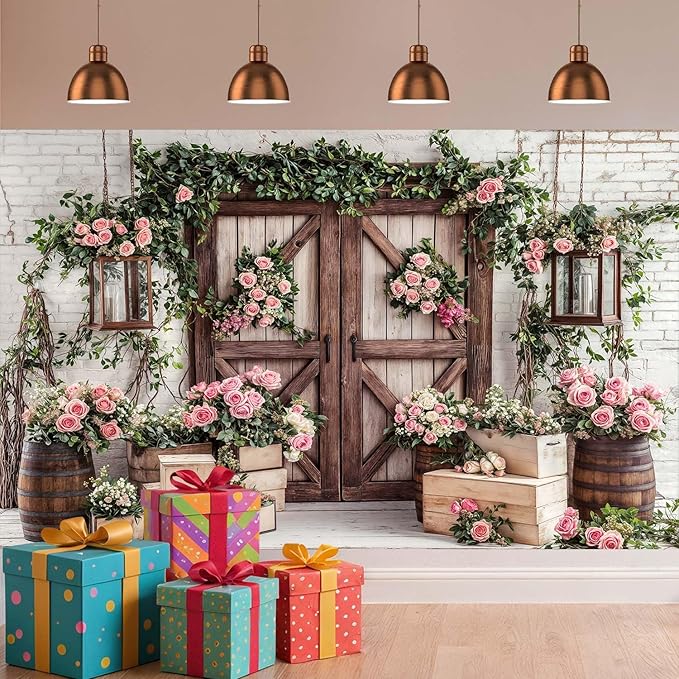 5x3ft Country Wedding Photography Backdrop Floral Rustic Roses Farmhouse Wooden - Image 3