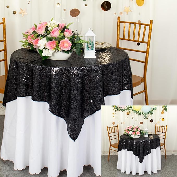 ShinyBeauty Black Tablecloths 36X36 Inch 2 Pieces Sequin Table Cloth by ShinyBeauty