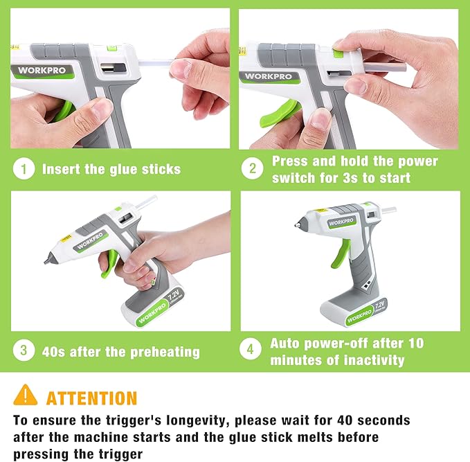 WORKPRO 7.2V Cordless Hot Melt Glue Gun, Rechargeable Fast Preheating Glue Gun - Image 6