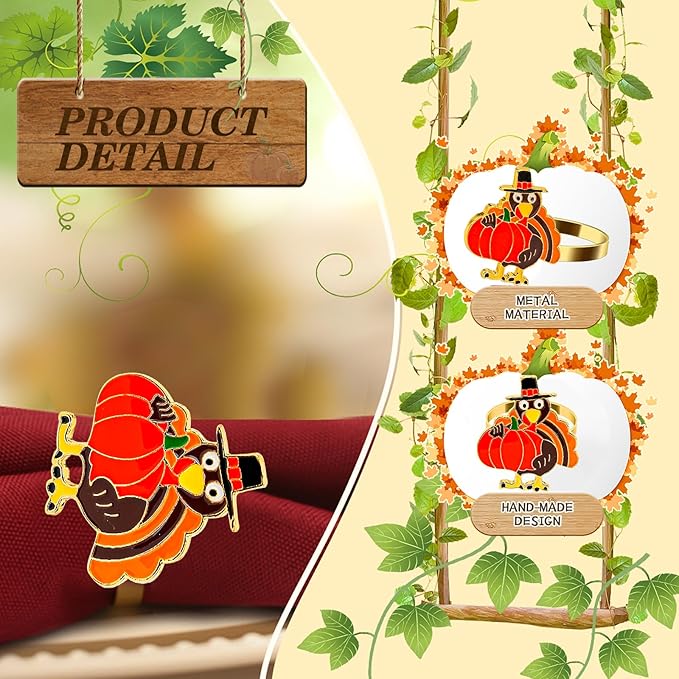 KPOSIYA Thanksgiving Napkin Rings Set of 6, Turkey Napkin Rings Vintage Alloy - Image 5