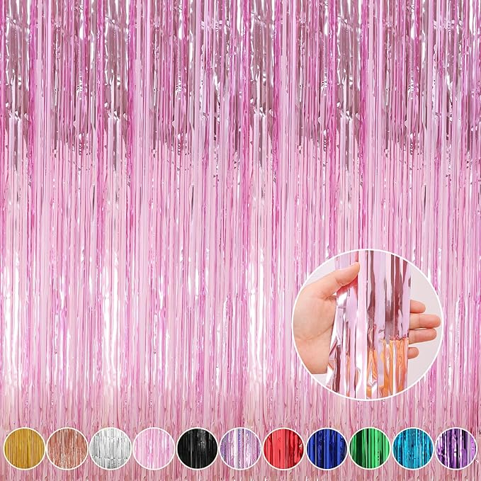 Crosize 4 Pack 3.3 x 9.9 ft Pink foil Fringe Curtains Party Decorations by Crosize