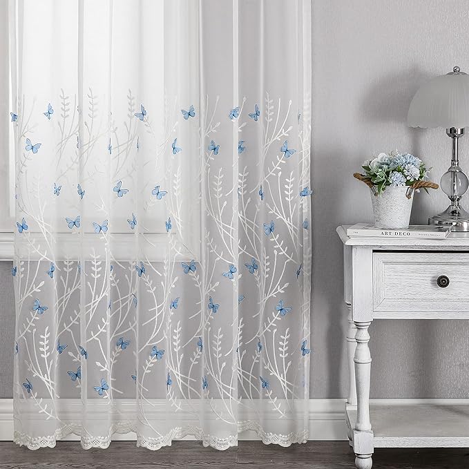VISIONTEX White Sheer Voile Curtains, Decorative White Embossed Butterflies Rod - Image 6