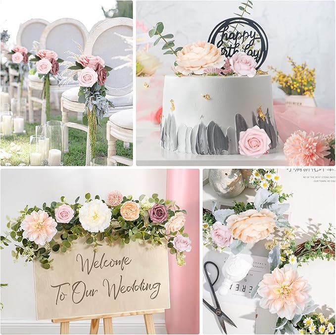 AmyHomie Blush Champagne Artificial Flowers Combo Silk Mix Peony Rose Fake - Image 6