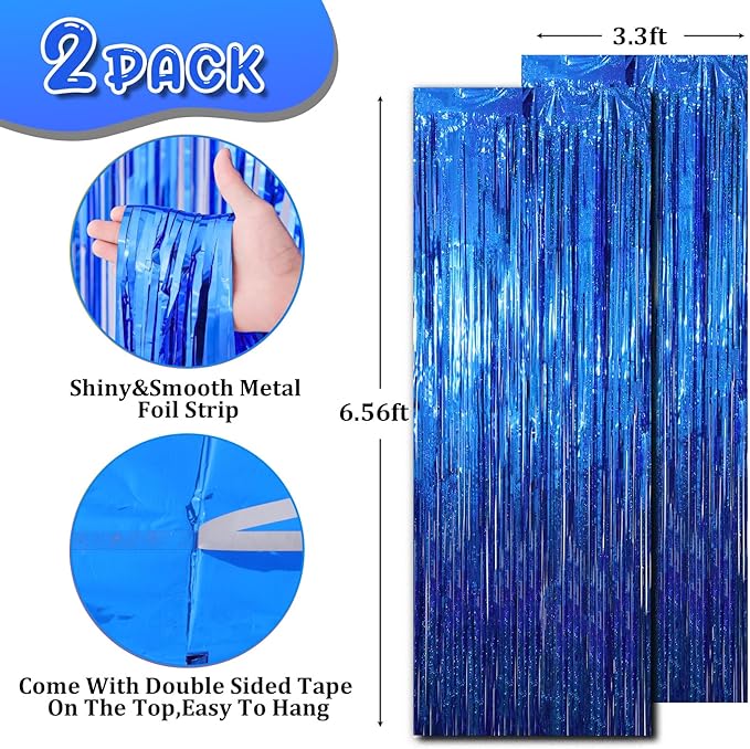 2 Pack Blue Tinsel Foil Fringe Curtains, Metallic Tinsel Party Streamers - Image 3