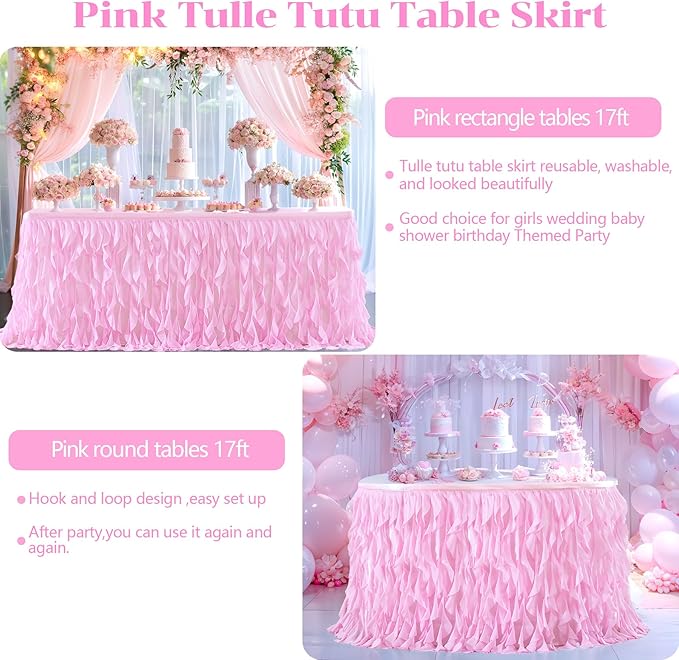 PARTISKY Pink Tulle Curly Willow Table Skirt - Image 7