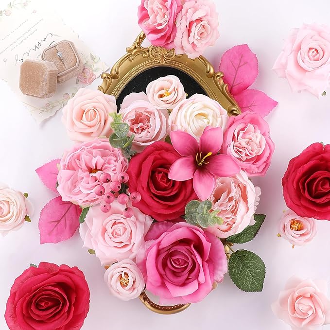 AmyHomie Fuchsia Pink Artificial Flowers Combo Silk Mix Peony Rose Fake Flowers - Image 2
