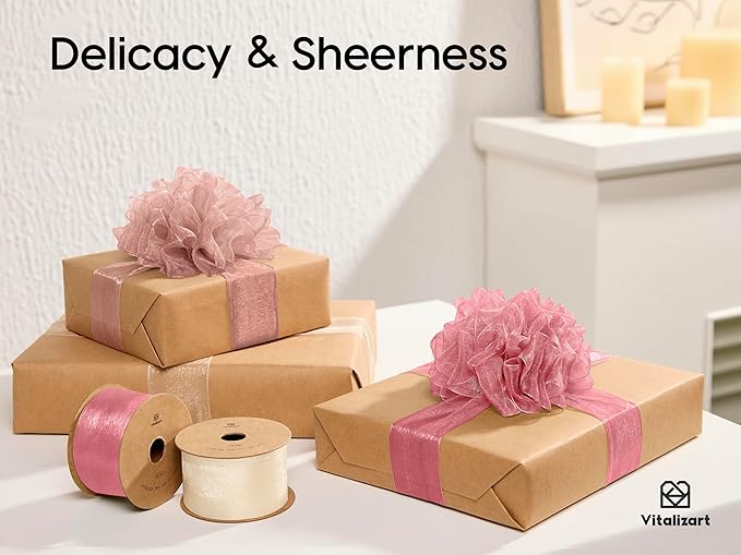 Vitalizart Organza Ribbon 1.5" x 30 Yd Pink Rose Gold & Cream White Sheer - Image 4