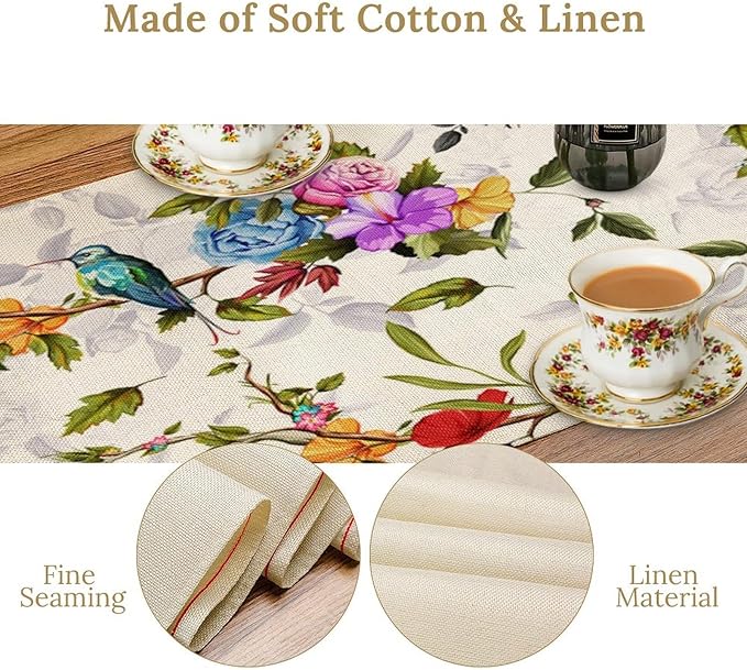 Vintage Bird Flower Table Runner Seasonal Spring Summer Garden Plants Farmhouse - Image 5