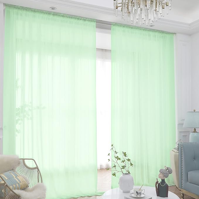 Window Light Green Sheer Curtains 90 Inches Long 2 Panels Sheer Curtain Basic by L%26TEC