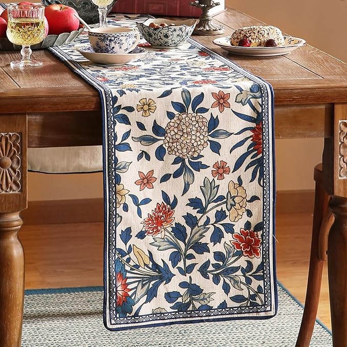 patdrea Designer Blue Cottage Rustic Floral Patterned Linen Table Runner 71 - Image 6