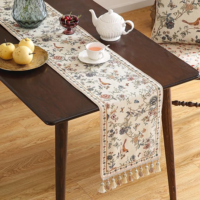 ISAENNE Designer Linen Table Runner 71 Inches Long, Elegant Floral Bird Pattern - Image 2