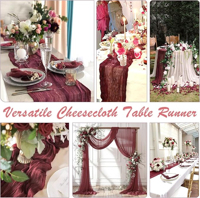6 Pack Burgundy Table Runner Cheesecloth Gauze Red Table Runner 35x120 Inch - Image 5