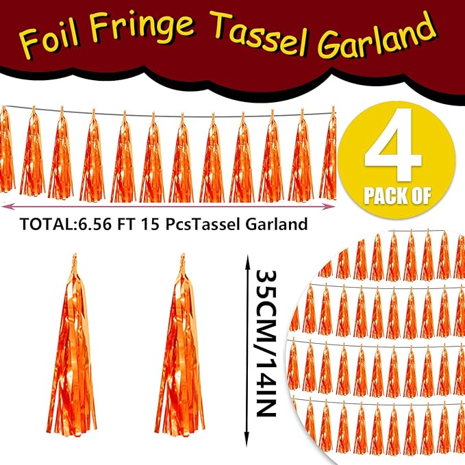 4P Orange Foil Fringe Tassel Banner Garland Metallic Tinsel Streamers Wall - Image 2