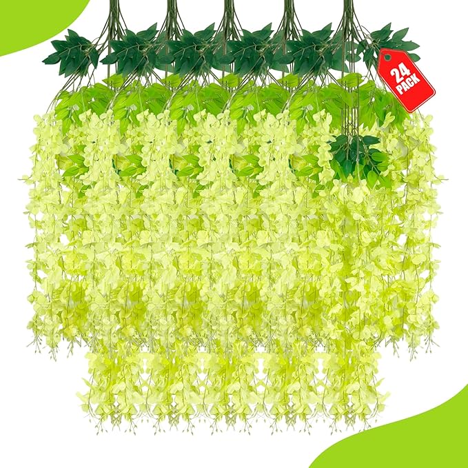 24 Pack Green Wisteria Hanging Flowers, 3.4 Ft Fake Hanging Flowers, Artificial by ZEBMOON