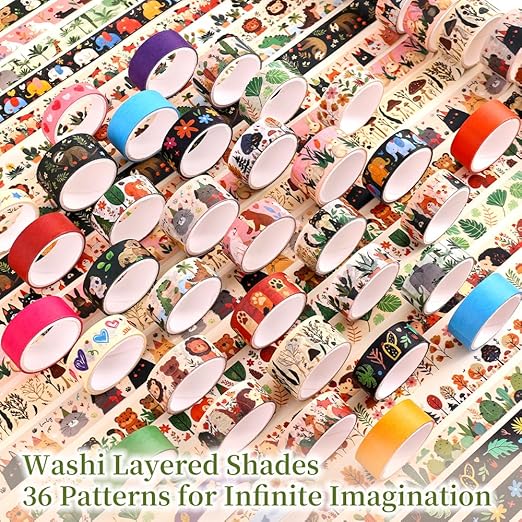 36 Rolls Animal Theme Washi Tape Set, Colorful Cute Adorable Animals Writable - Image 3
