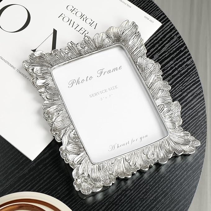 Silver 5x7 Picture Frame, Vintage Silver Palm Leaves Textured Hand-Crafted Resin - Image 4