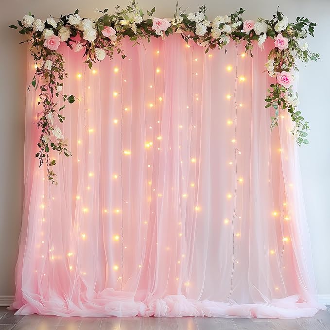 Tulle Backdrop Curtain with Lights String 10FT X 8FT Pink Sheer Tulle Backdrop by Xiomot