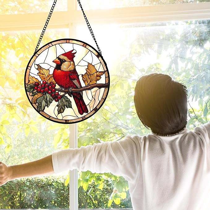 Stained Glass Window Hanging, Birds on a Branch Cardinal Sun Catchers Diamond - Image 4