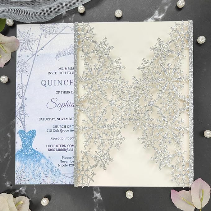 20 sets glitter snowflake invitations, laser cut wedding invitations, DIY - Image 6
