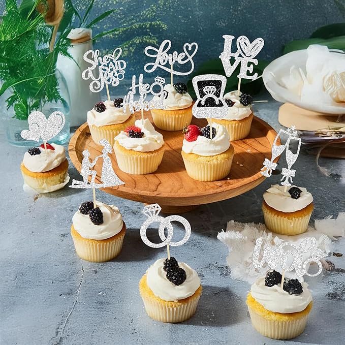 Ephlyn 30Pcs He Asked She Said Yes Cupcake Toppers Glitter Engagement Cupcake - Image 4