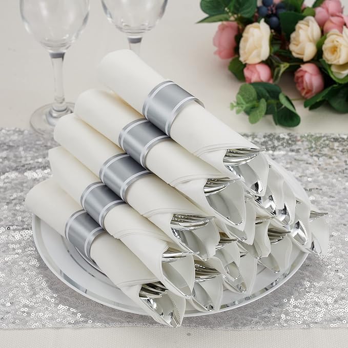 50 Pack Pre Rolled Silver Plastic Silverware Set, Disposable Wrapped Plastic - Image 5