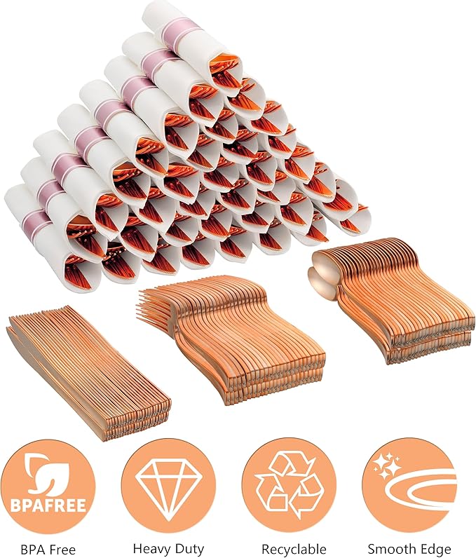 100 Pack Pre Rolled Rose Gold Plastic Silverware Set - Image 2