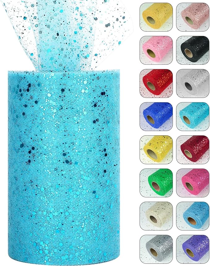 Glitter Tulle Rolls, 6” by 50 Yards Sparkling Tulle Spool Ribbon Sequin Tulle by Miegecha