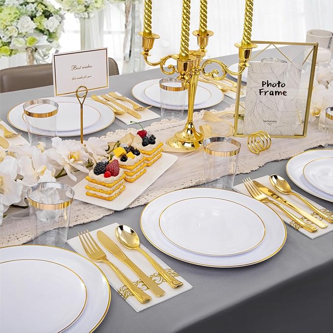 Supernal 350pcs White and Gold Plastic Plates, 150 Gold Silverware Set - Image 7