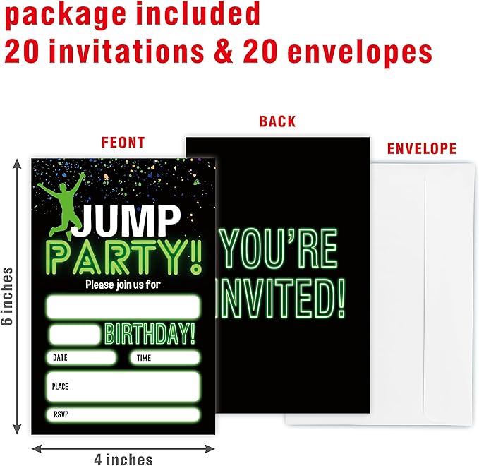 Glow Trampoline Birthday Invitations, Jump Party Invite Cards（20 Count) - Image 2