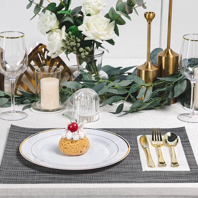 N9R 100PCS Gold Plastic Plates, 10.25 inch White Disposable Dinner Plate - Image 6
