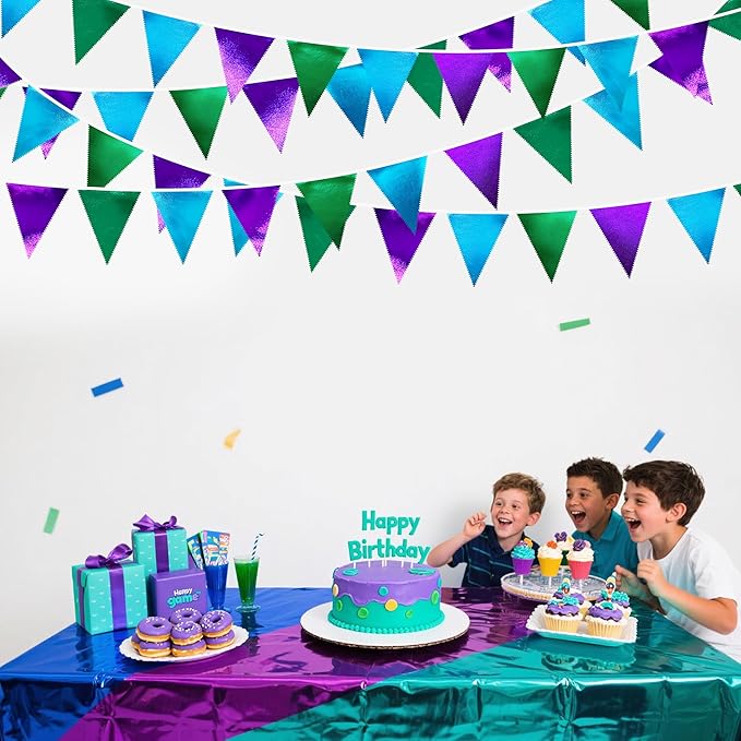 Blue Green Purple Party Decorations Metallic Fabric Triangle Pennant Banner - Image 6