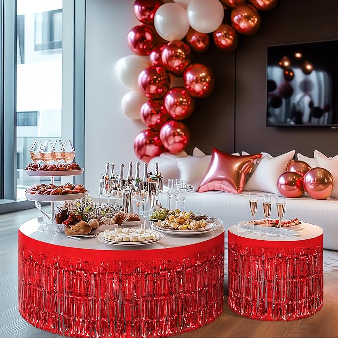 2 Pack Red Table Skirts, 29x108" Metallic Foil Tinsel Fringe Table Skirts - Image 9