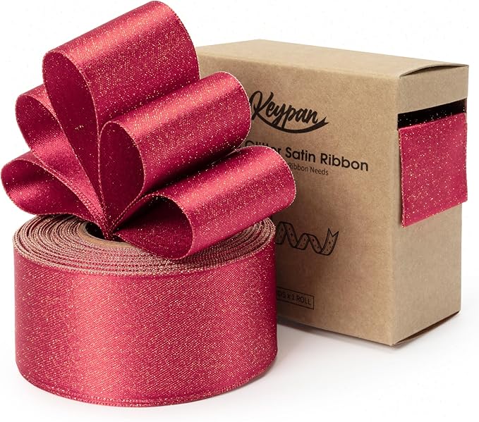 Christmas Ribbon Wired Red Satin Ribbons 1-1/2 Inch Double-Faced Gold Glitter by Keypan