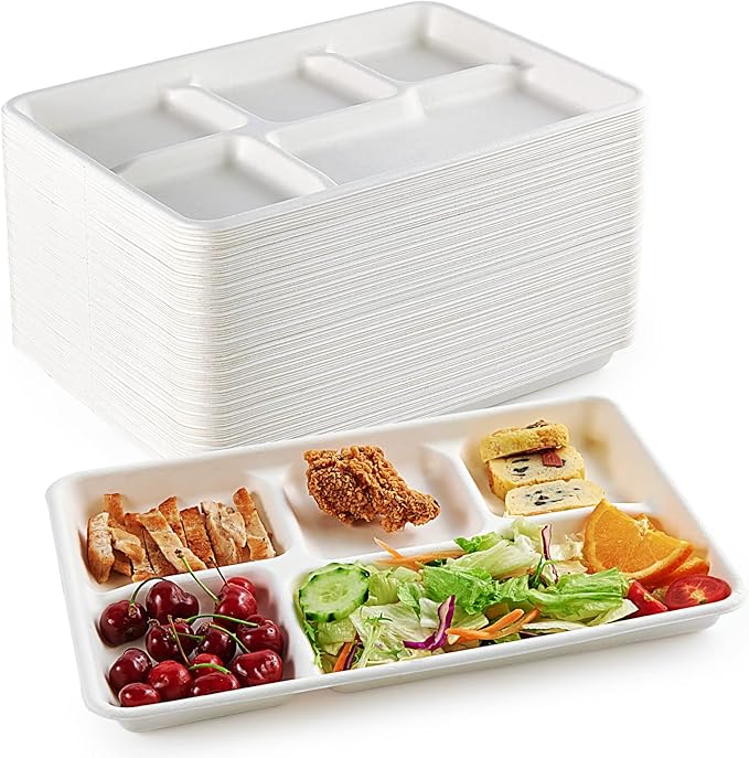 ECOLipak 100% Compostable 5 Compartment Plates, 100 Pack Disposable Compartment by ECOLipak