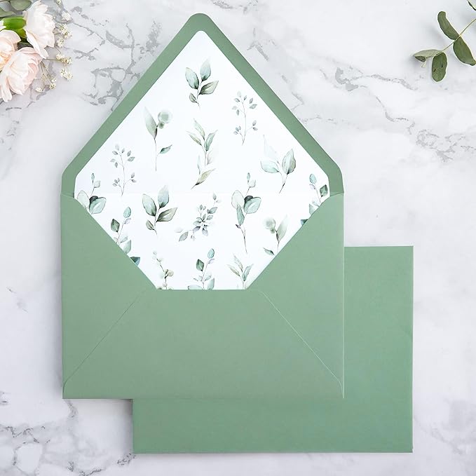 PONATIA 50PCS A7 Euro Flap Envelope, 5.25 x 7.25'' Sage Green Flowers Liner - Image 8