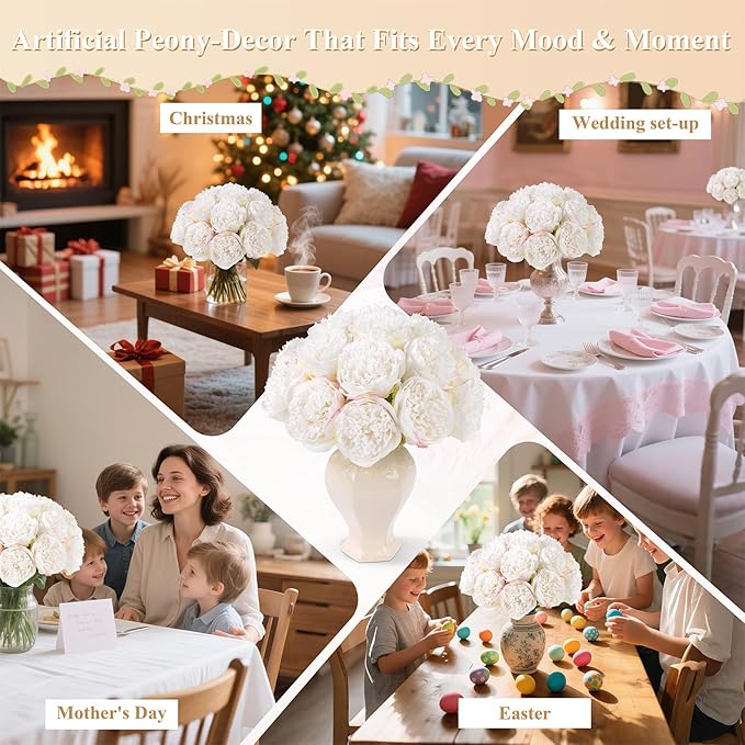 U'Artlines 20 Heads Artificial Peony Silk Flower Leaf Home Office Wedding Party - Image 9