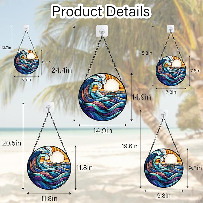 Stained Glass Window Hanging, Big Wave Sun Suncatcher Diamond Glass Panel - Image 6