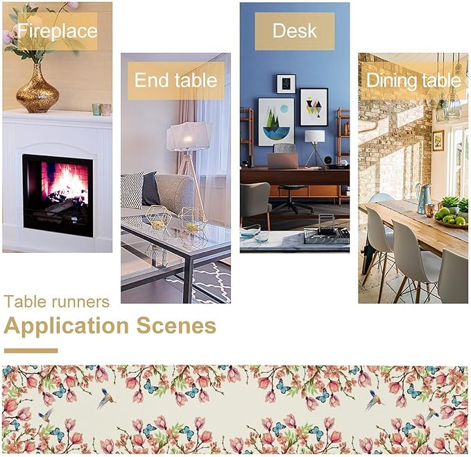 Flowers Table Runner, Floral Bird Butterfly Spring Table Cloth Kitchen Dining - Image 6